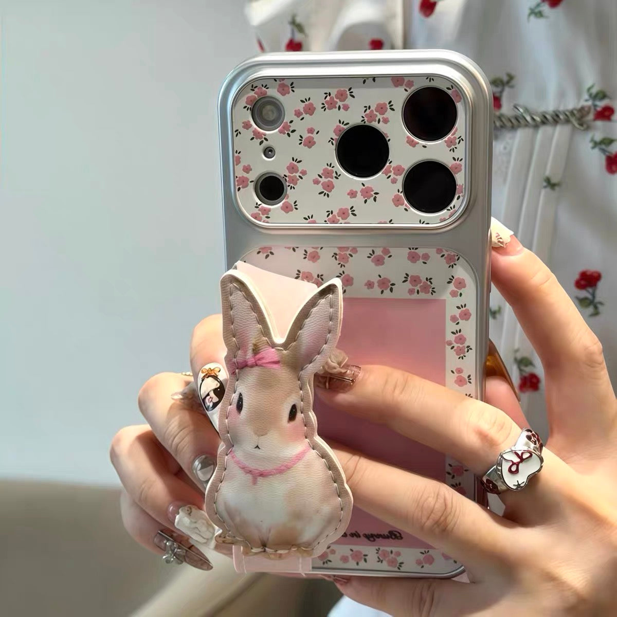 Korean-style floral bunny wrist-strap kickstand phone case
