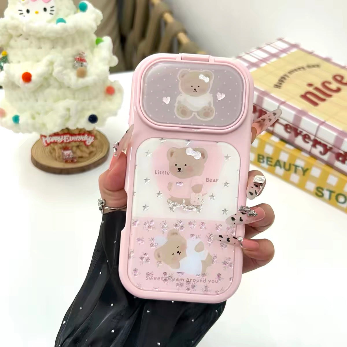 Pink Floral Bear Gilded Flip-Mirror Phone Case