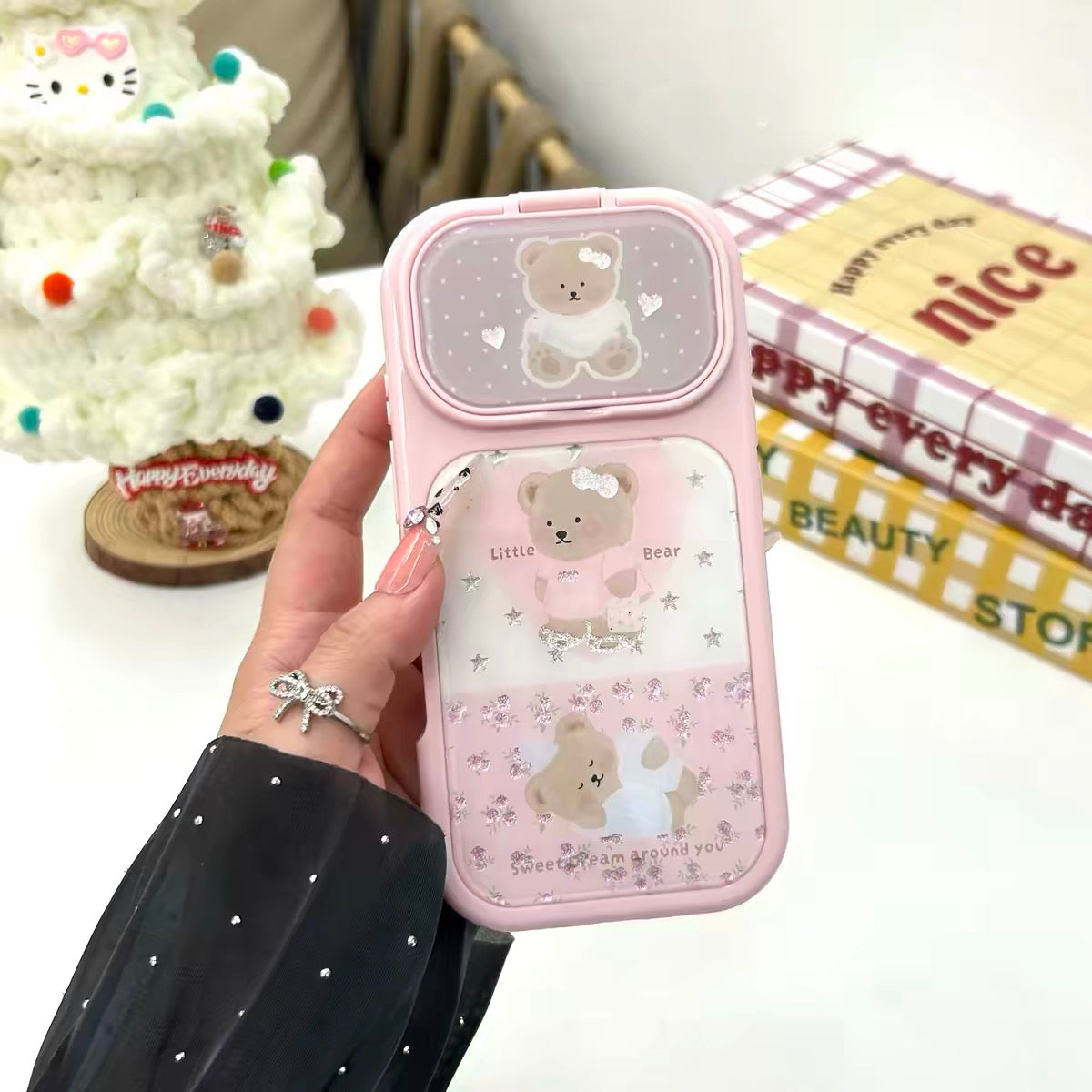 Pink Floral Bear Gilded Flip-Mirror Phone Case
