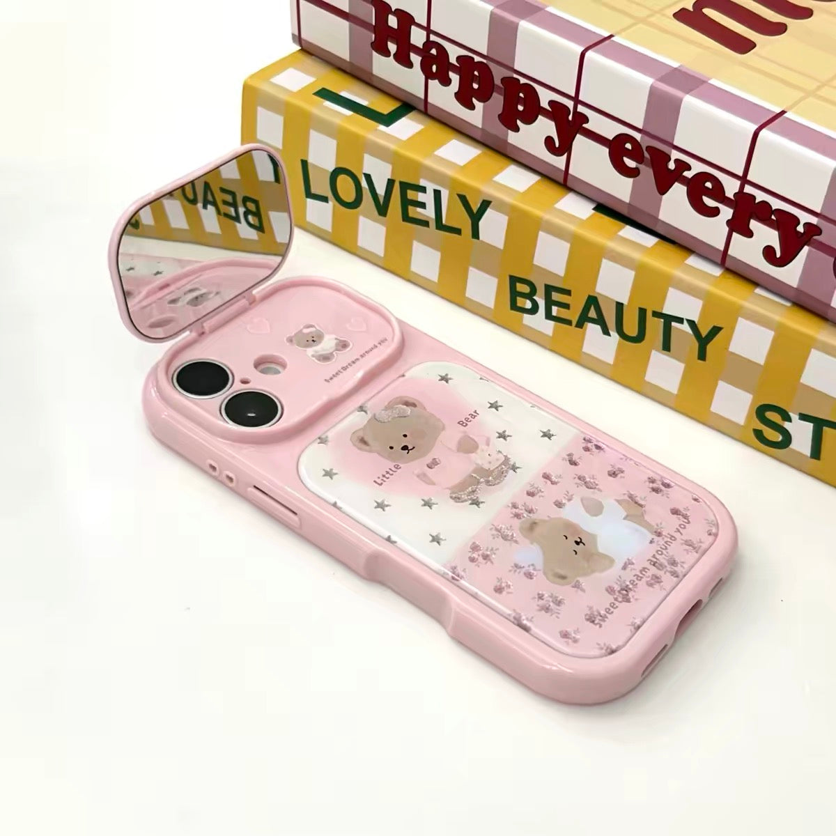 Pink Floral Bear Gilded Flip-Mirror Phone Case
