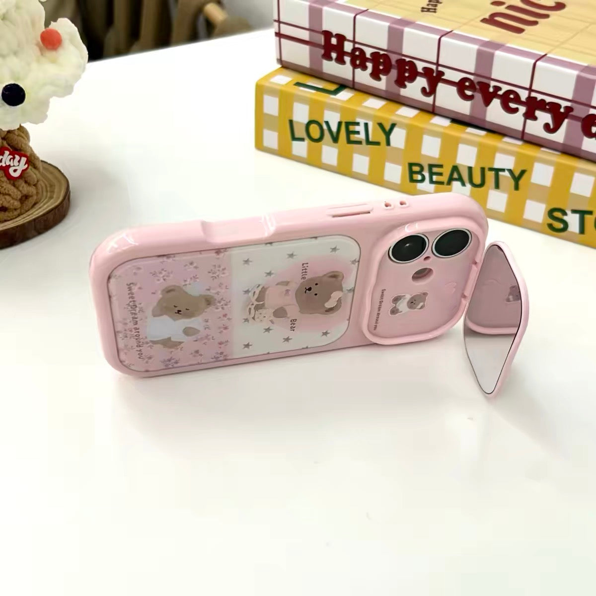 Pink Floral Bear Gilded Flip-Mirror Phone Case