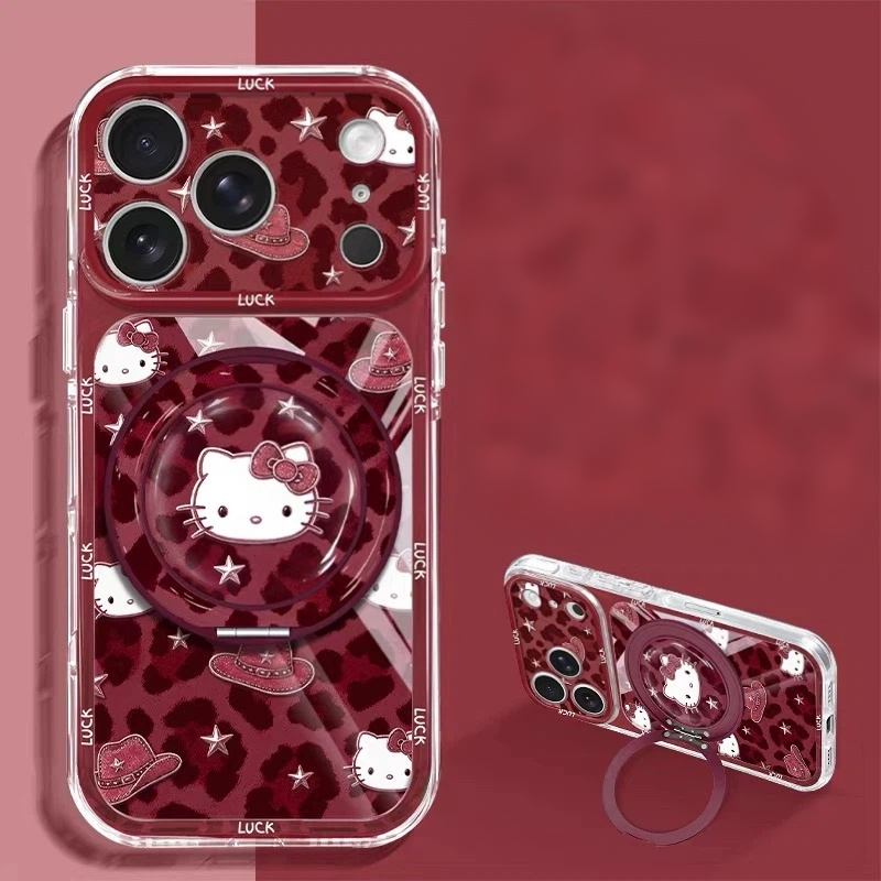 Burgundy Leopard Print Cat-Shaped Rotating Stand Phone Case