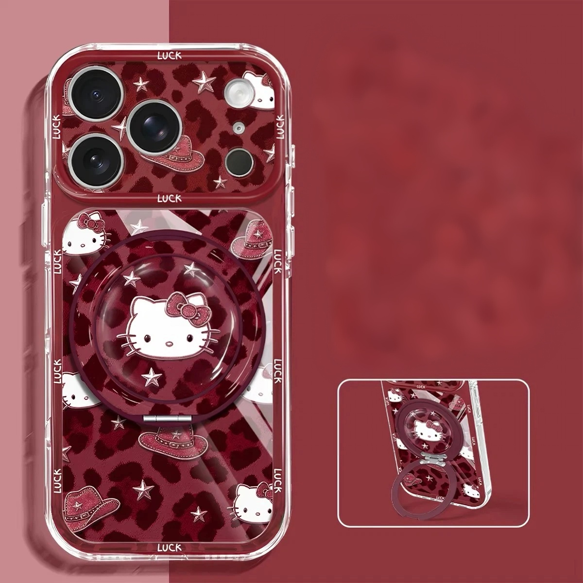 Burgundy Leopard Print Cat-Shaped Rotating Stand Phone Case