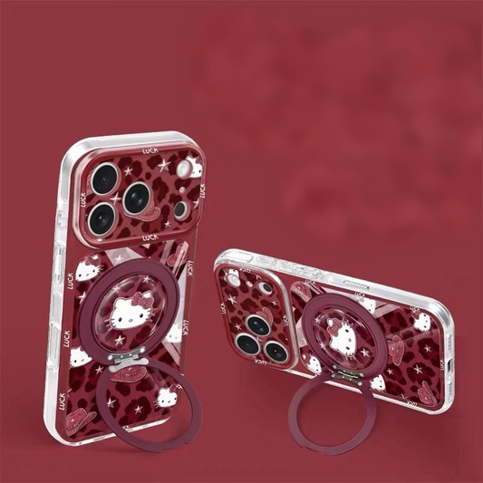 Burgundy Leopard Print Cat-Shaped Rotating Stand Phone Case