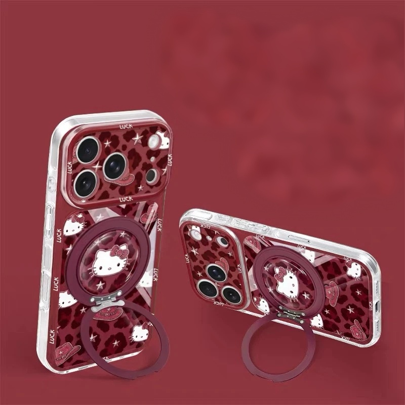 Android phone case with a rotating stand, featuring a burgundy leopard print and cat design.