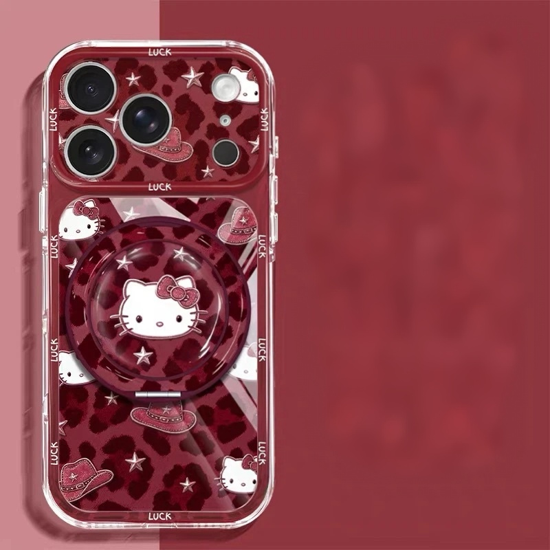 Android phone case with a rotating stand, featuring a burgundy leopard print and cat design.