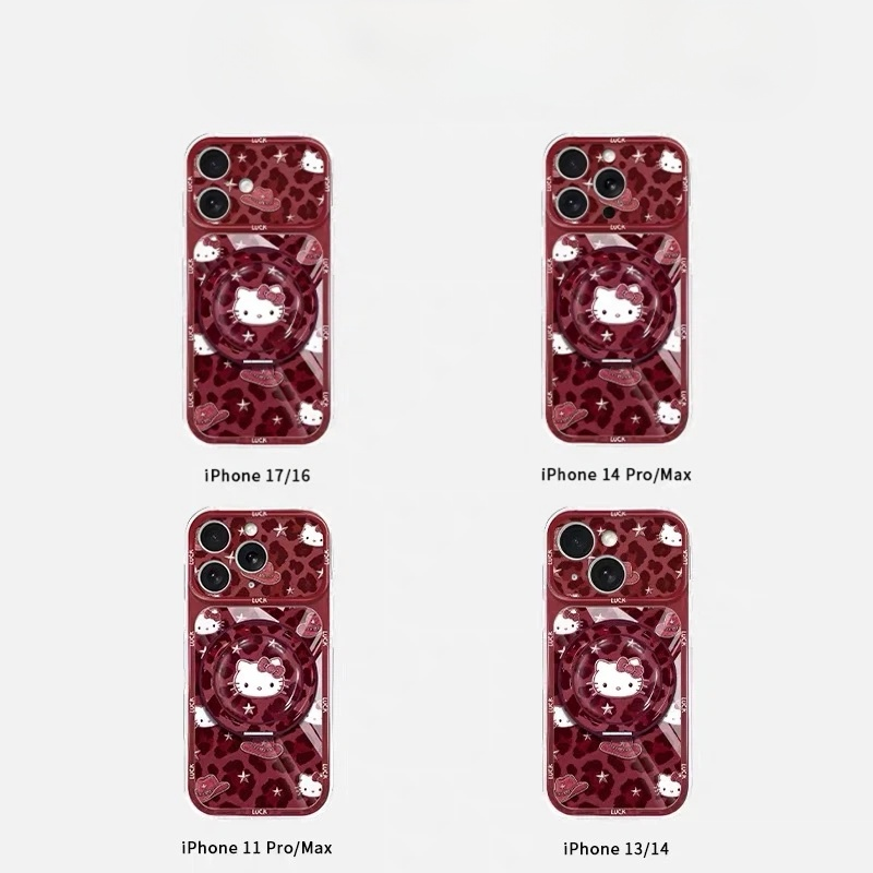 Android phone case with a rotating stand, featuring a burgundy leopard print and cat design.
