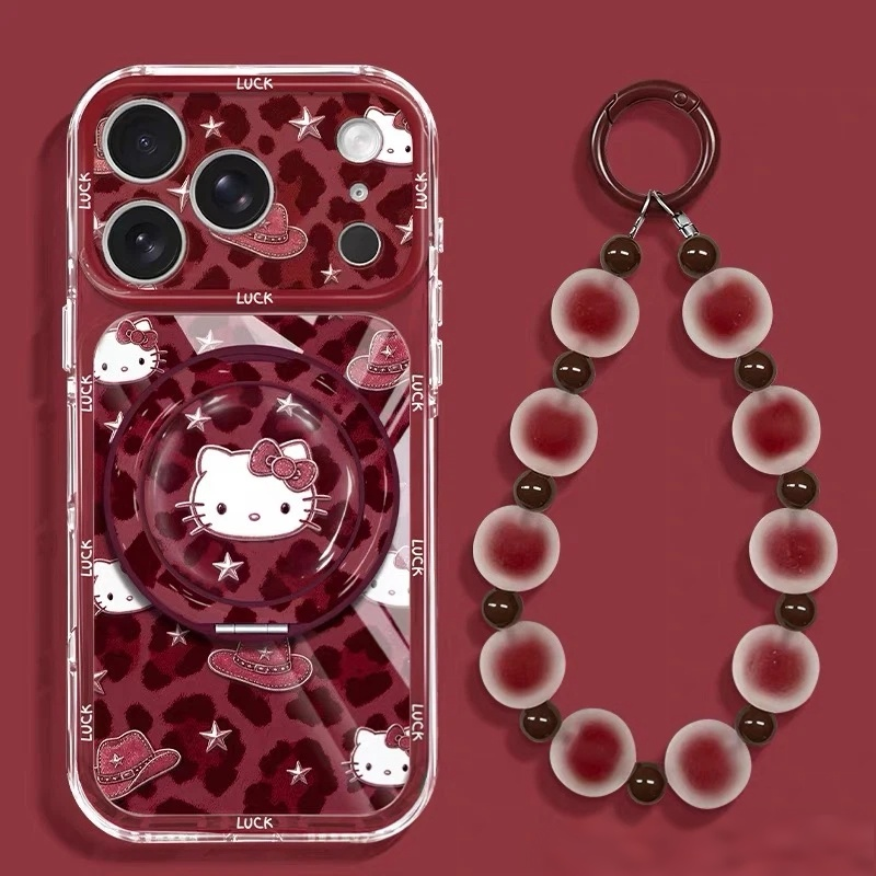 Burgundy Leopard Print Cat-Shaped Rotating Stand Phone Case