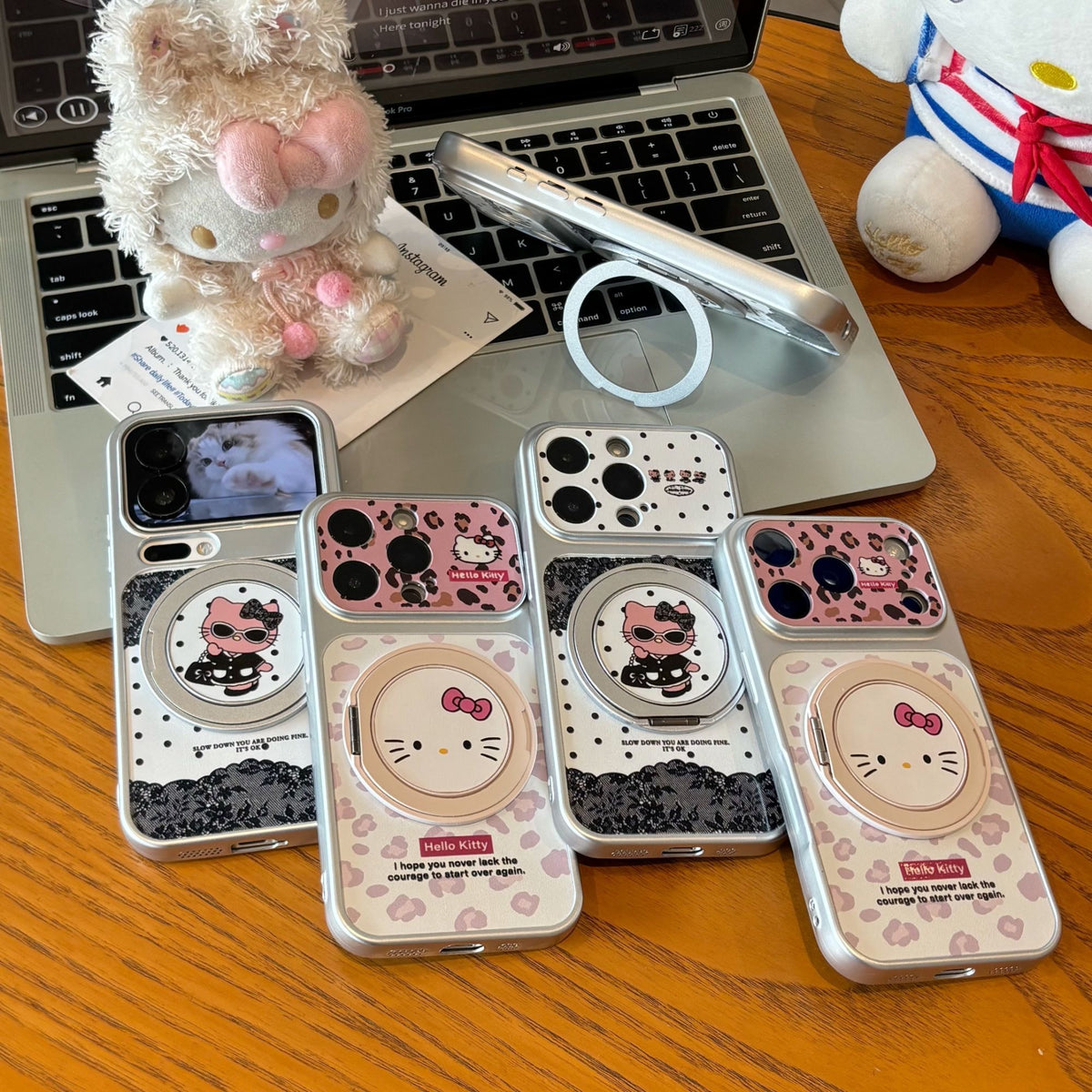 Leopard-print Hello Kitty phone case with a rotating stand