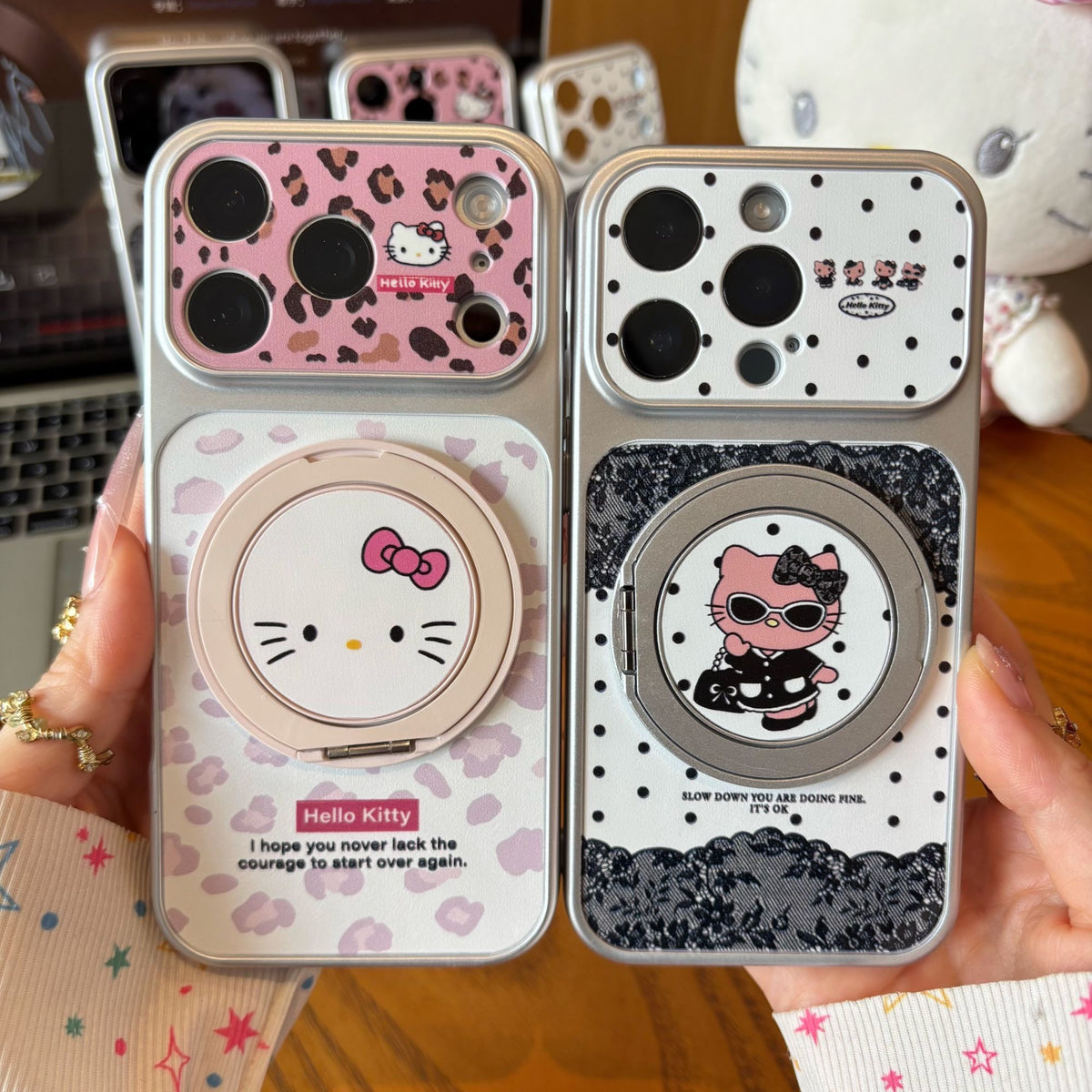 Leopard-print Hello Kitty phone case with a rotating stand