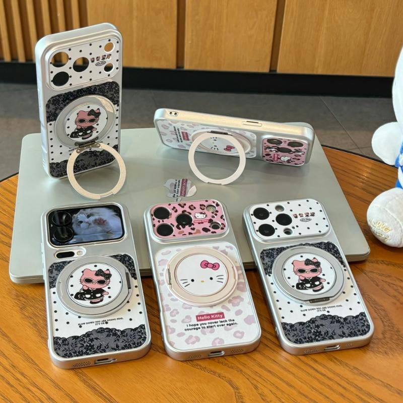 Leopard-print Hello Kitty phone case with a rotating stand