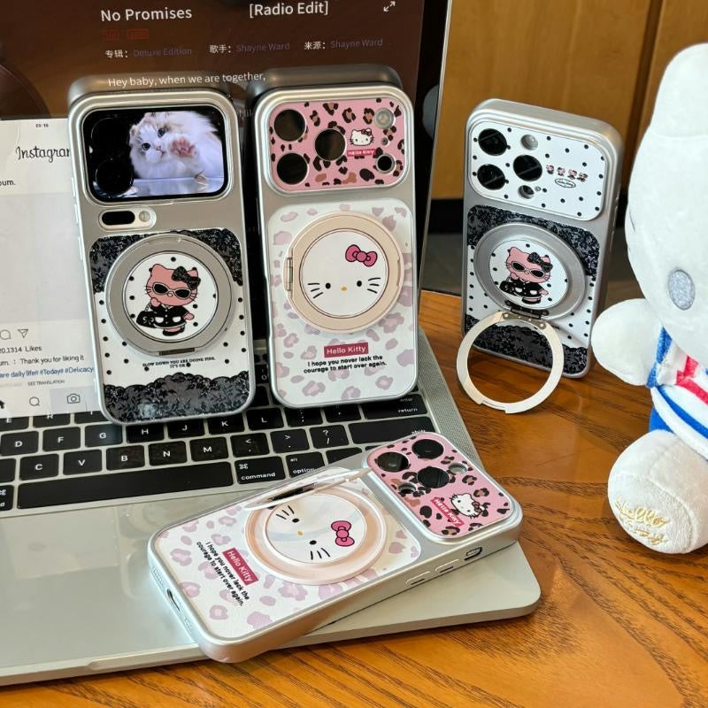 Leopard-print Hello Kitty phone case with a rotating stand
