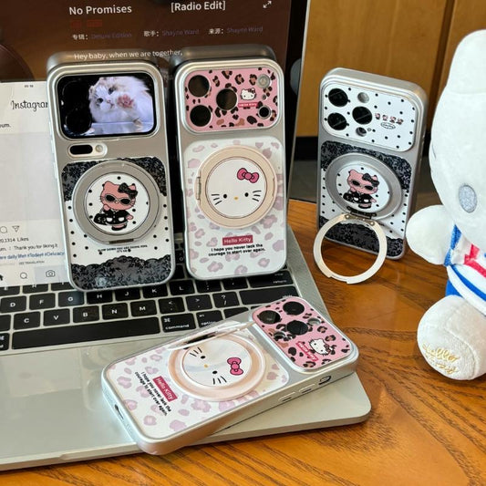 Leopard-print Hello Kitty phone case with a rotating stand