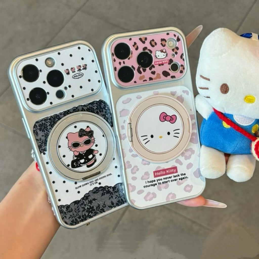 Leopard-print Hello Kitty phone case with a rotating stand