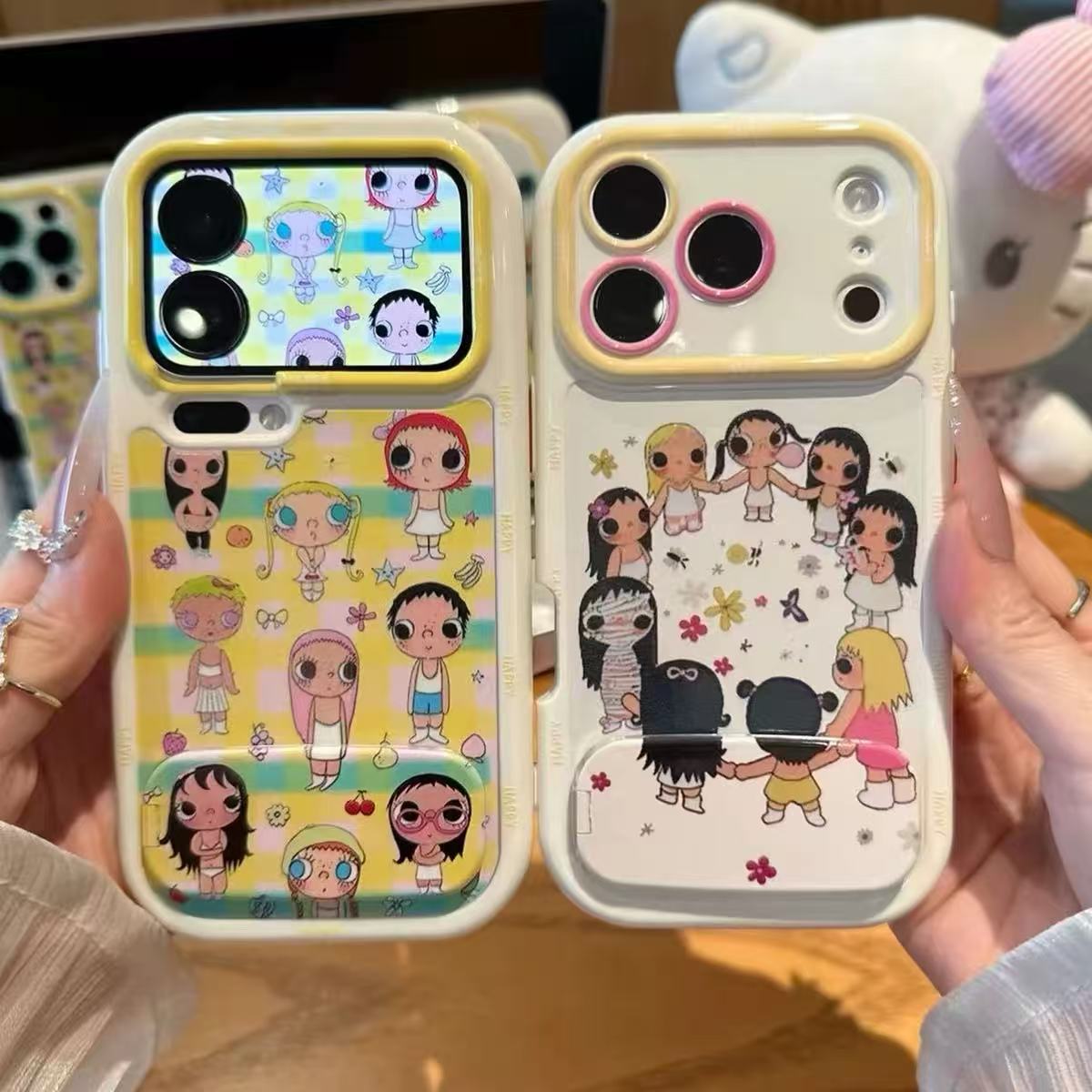 Bestie-themed phone case with a built-in mirror stand (featuring a hand-in-hand design)