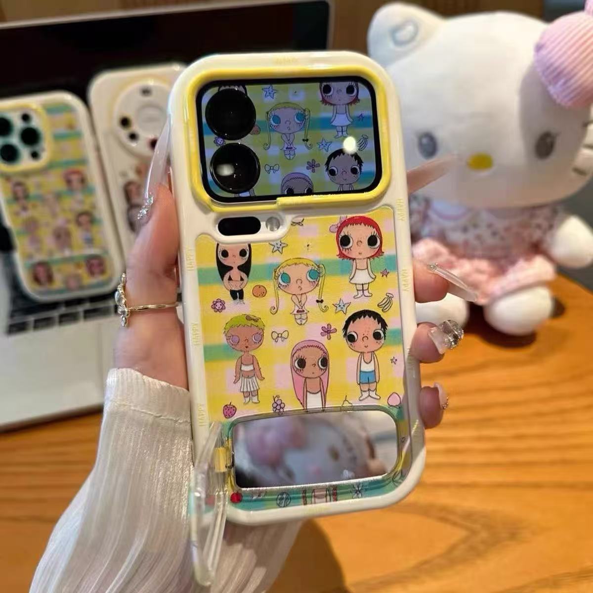 Bestie-themed phone case with a built-in mirror stand (featuring a hand-in-hand design)