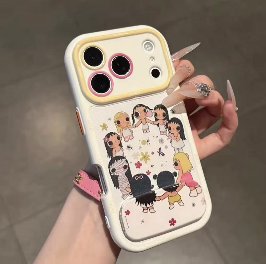 Bestie-themed phone case with a built-in mirror stand (featuring a hand-in-hand design)