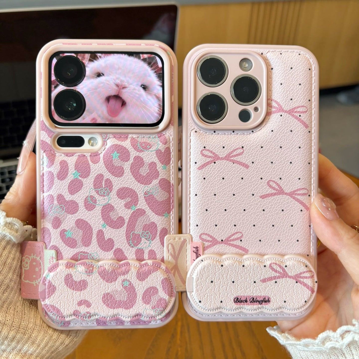 Pink Leopard-Print Phone Case with Mirror and Kickstand