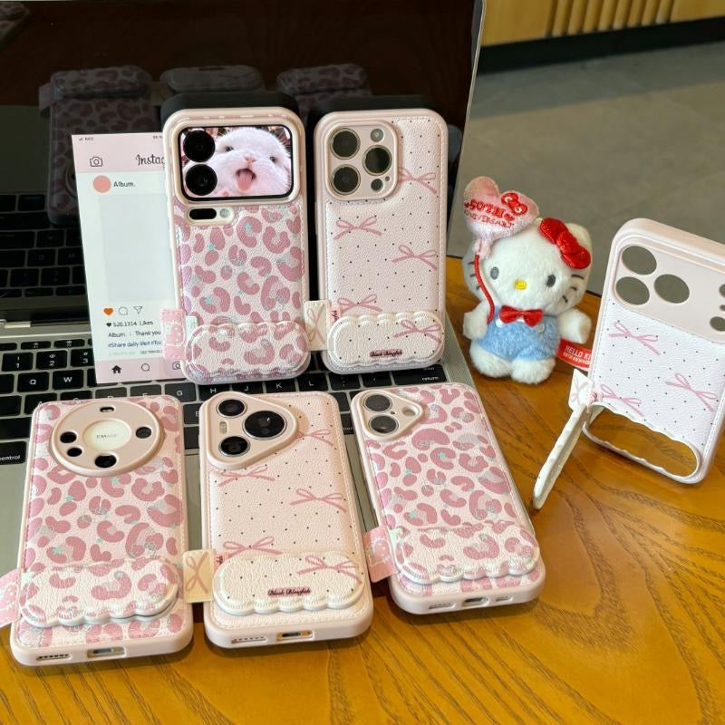 Pink Leopard-Print Phone Case with Mirror and Kickstand