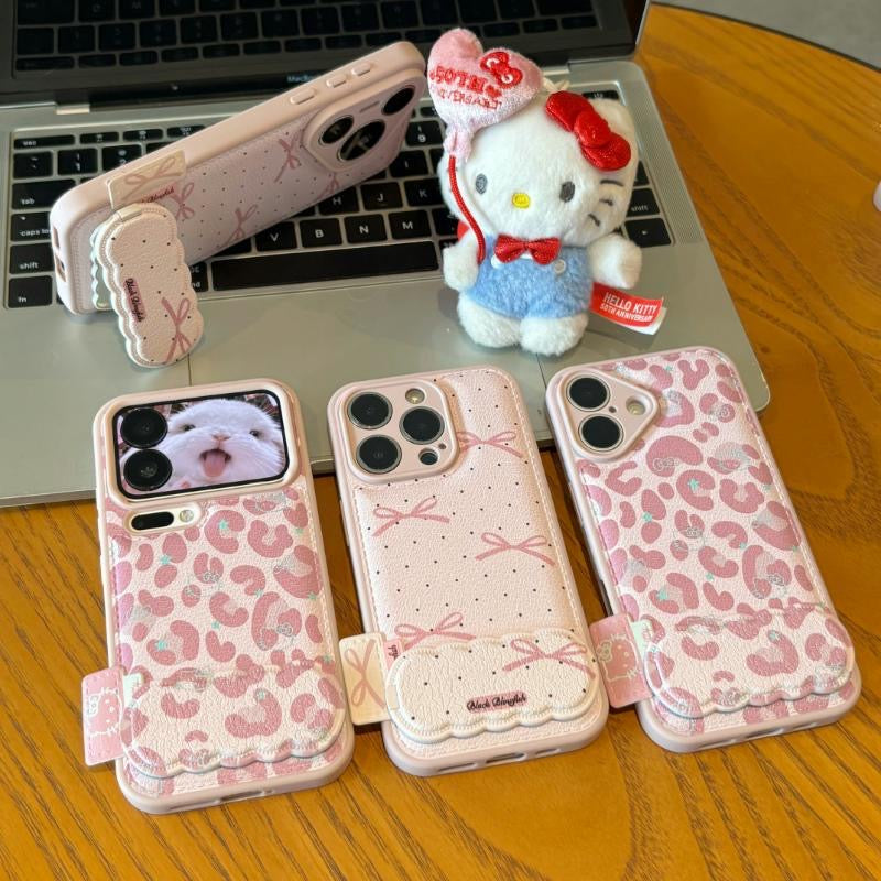 Pink Leopard-Print Phone Case with Mirror and Kickstand