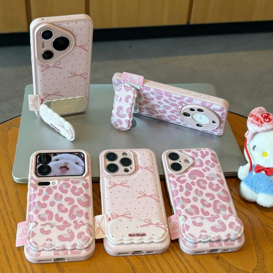 Pink Leopard-Print Phone Case with Mirror and Kickstand
