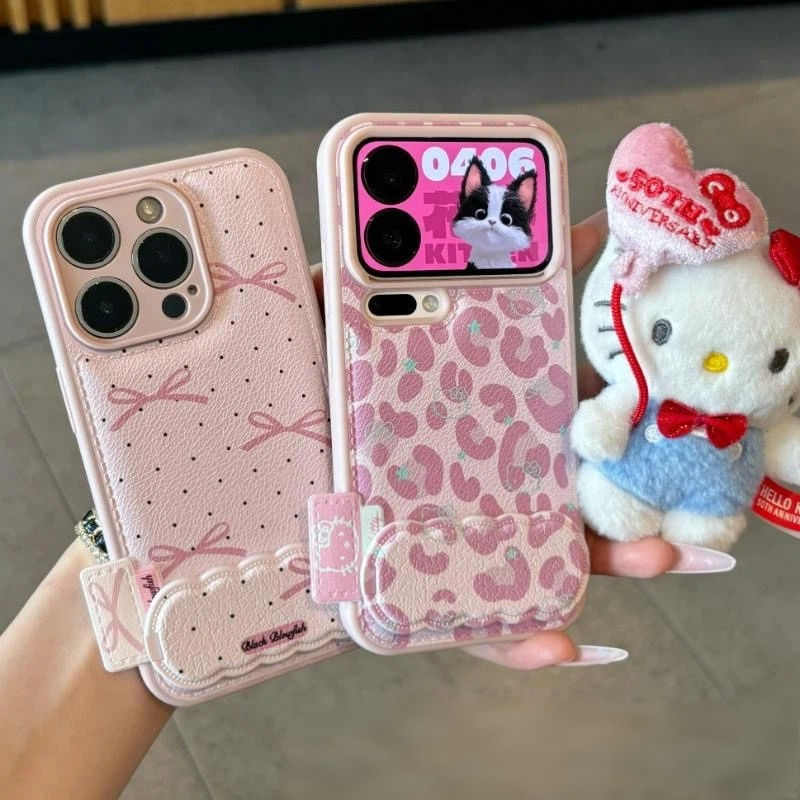Pink Leopard-Print Phone Case with Mirror and Kickstand