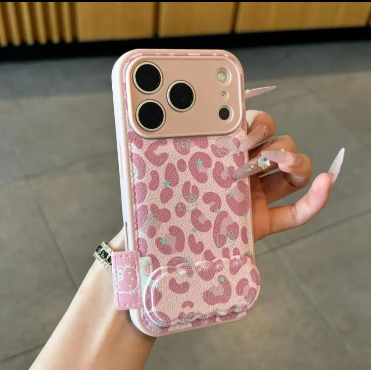 Pink Leopard-Print Phone Case with Mirror and Kickstand