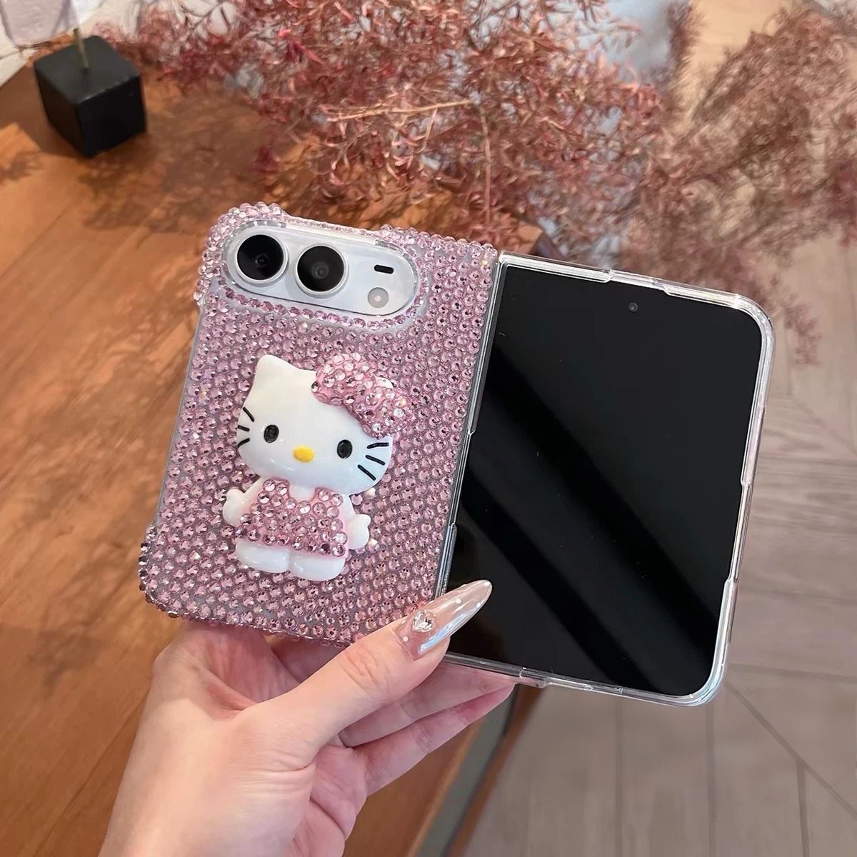 Cute Cartoon Rhinestone-Studded Hello Kitty Case for iPhone Duo Foldable Phone