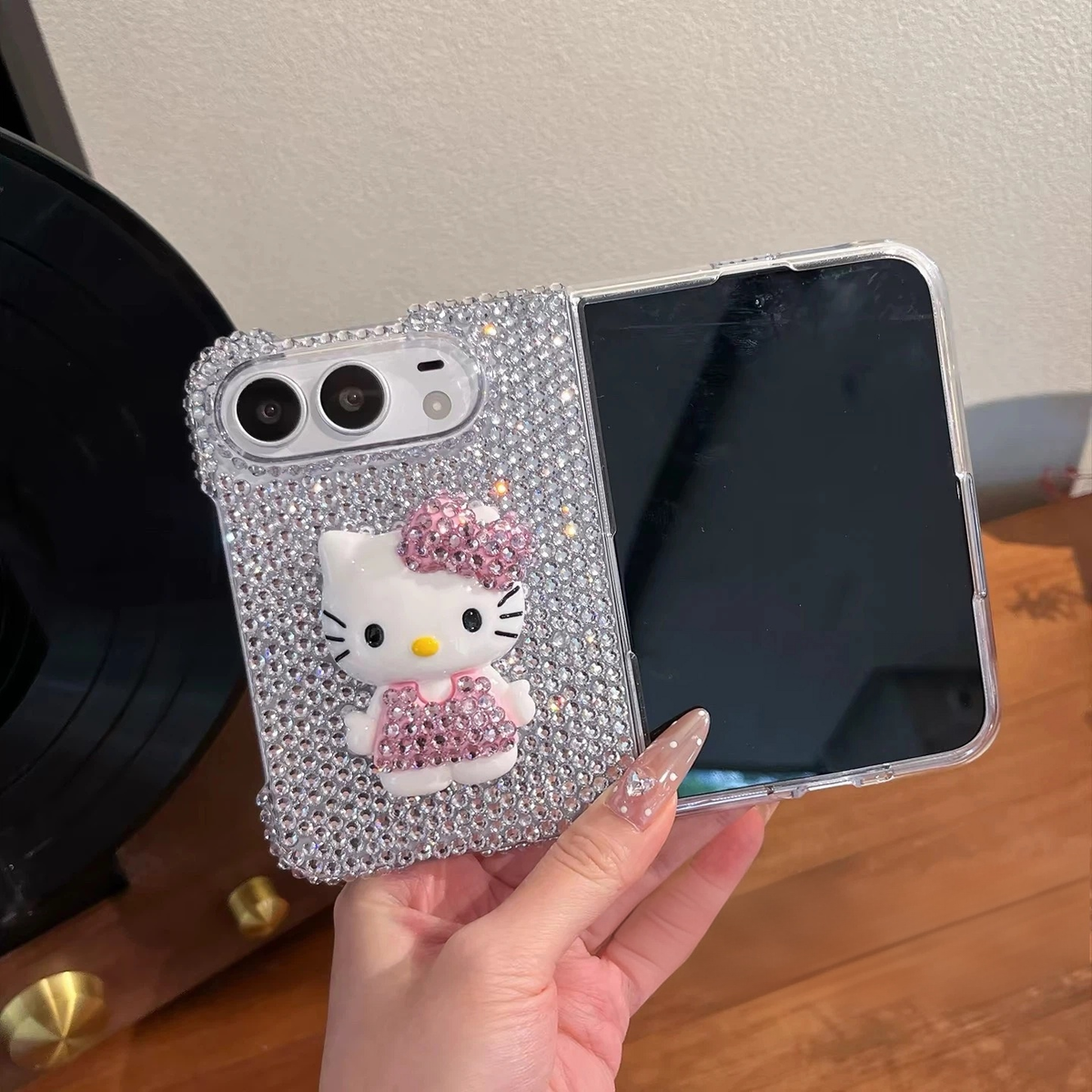 Cute Cartoon Rhinestone-Studded Hello Kitty Case for iPhone Duo Foldable Phone