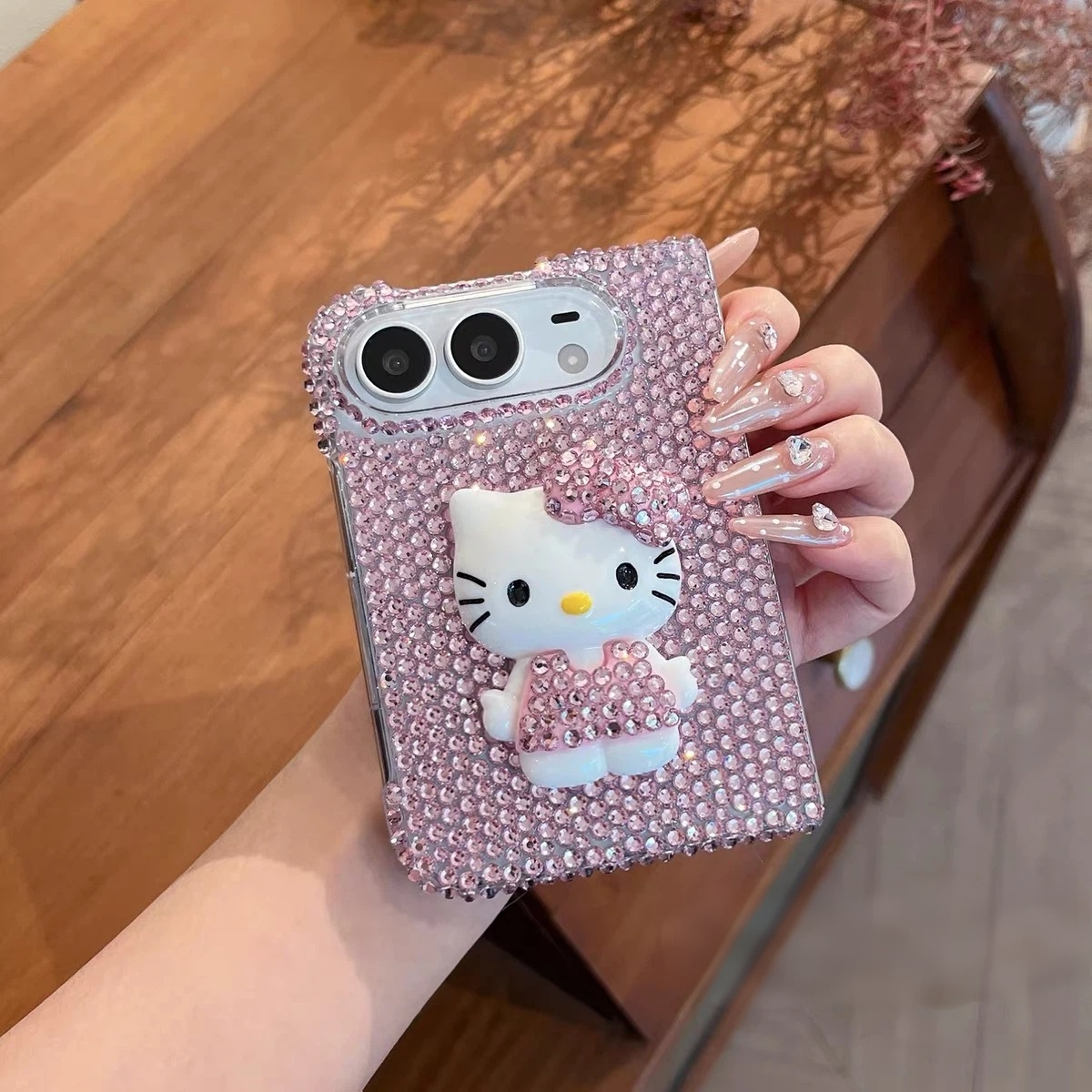 Cute Cartoon Rhinestone-Studded Hello Kitty Case for iPhone Duo Foldable Phone