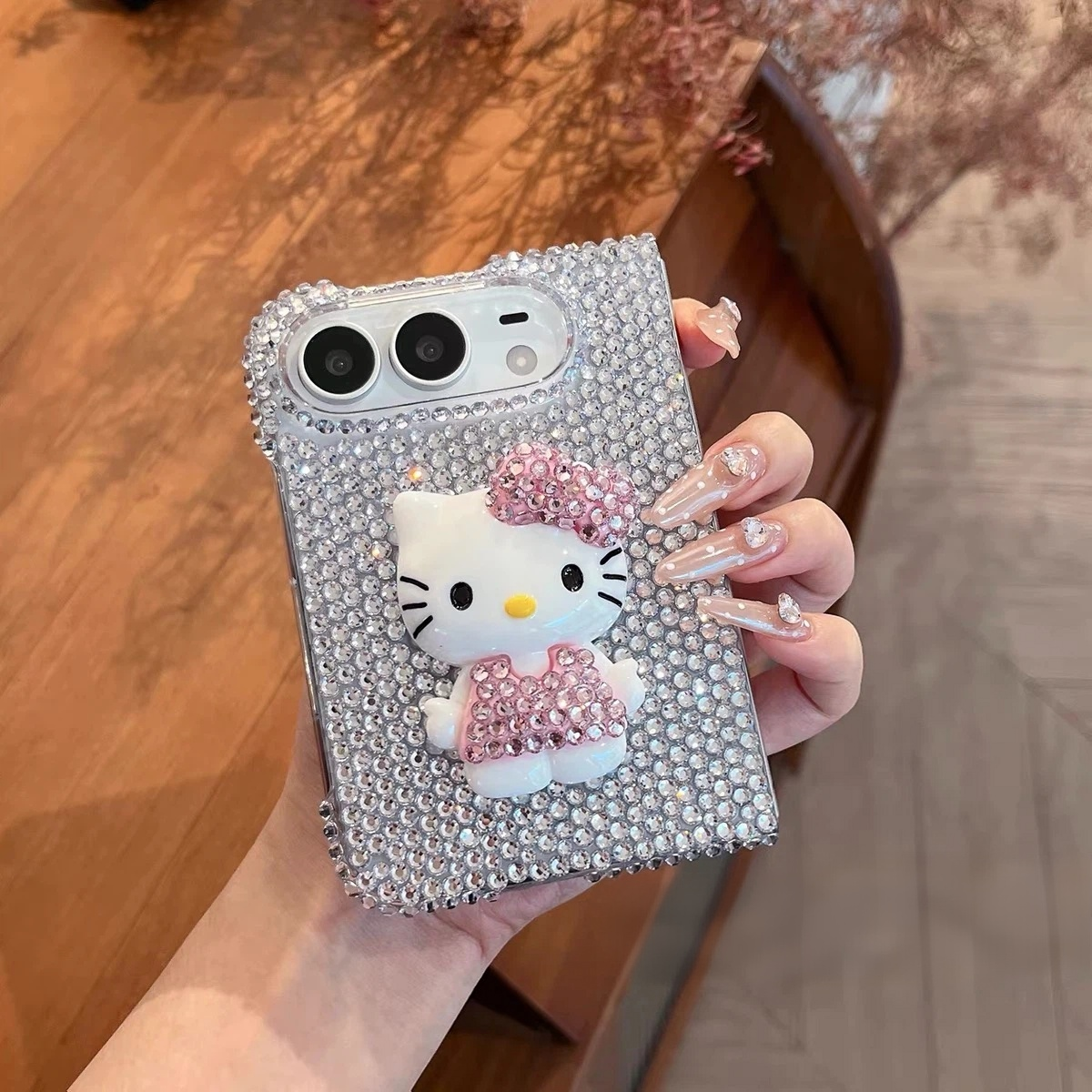 Cute Cartoon Rhinestone-Studded Hello Kitty Case for iPhone Duo Foldable Phone