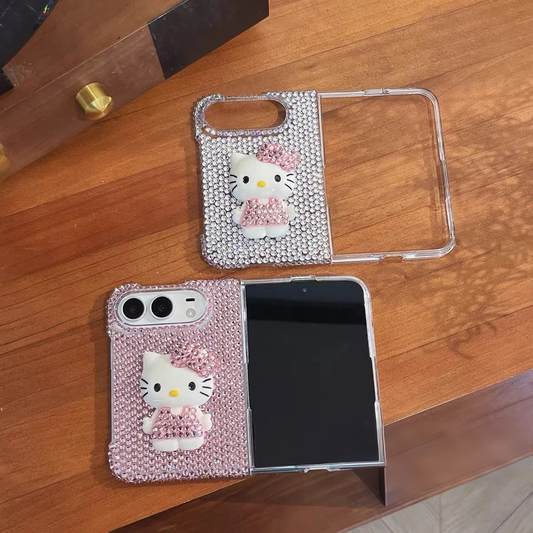 Cute Cartoon Rhinestone-Studded Hello Kitty Case for iPhone Duo Foldable Phone