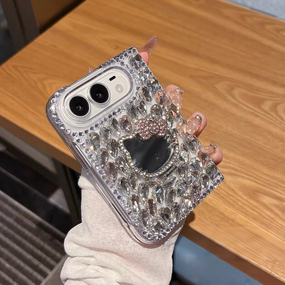 Rhinestone-Embellished Hello Kitty Mirror Stand Case for iPhone Duo
