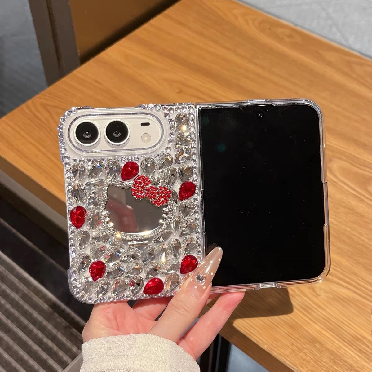 Rhinestone-Embellished Hello Kitty Mirror Stand Case for iPhone Duo