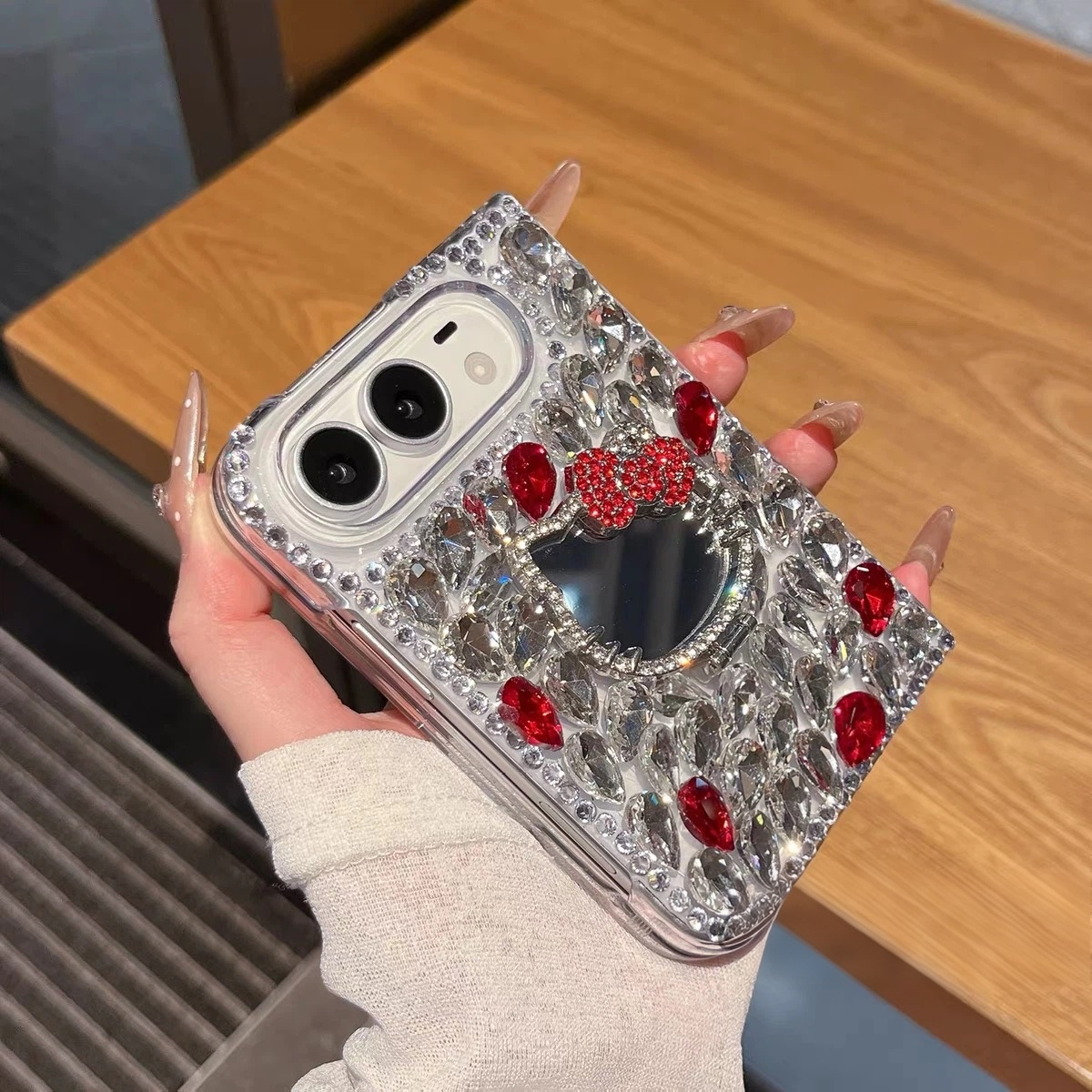 Rhinestone-Embellished Hello Kitty Mirror Stand Case for iPhone Duo