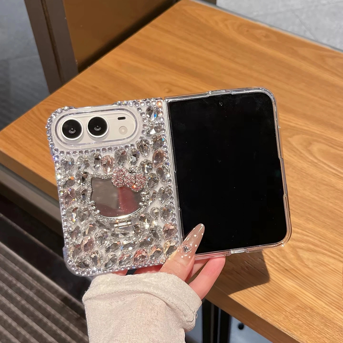 Rhinestone-Embellished Hello Kitty Mirror Stand Case for iPhone Duo