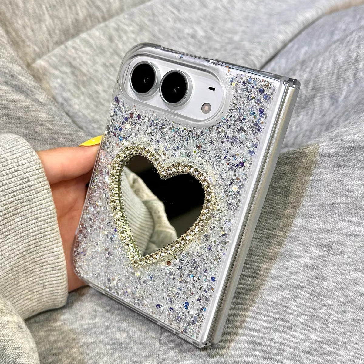 Sophisticated-Style Glitter, Sequin, and 3D Rhinestone Heart-Mirror Case for iPhone and Duo-Series Foldable Phones
