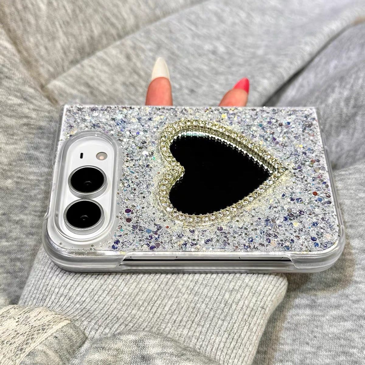 Sophisticated-Style Glitter, Sequin, and 3D Rhinestone Heart-Mirror Case for iPhone and Duo-Series Foldable Phones