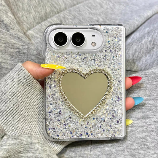 Sophisticated-Style Glitter, Sequin, and 3D Rhinestone Heart-Mirror Case for iPhone and Duo-Series Foldable Phones