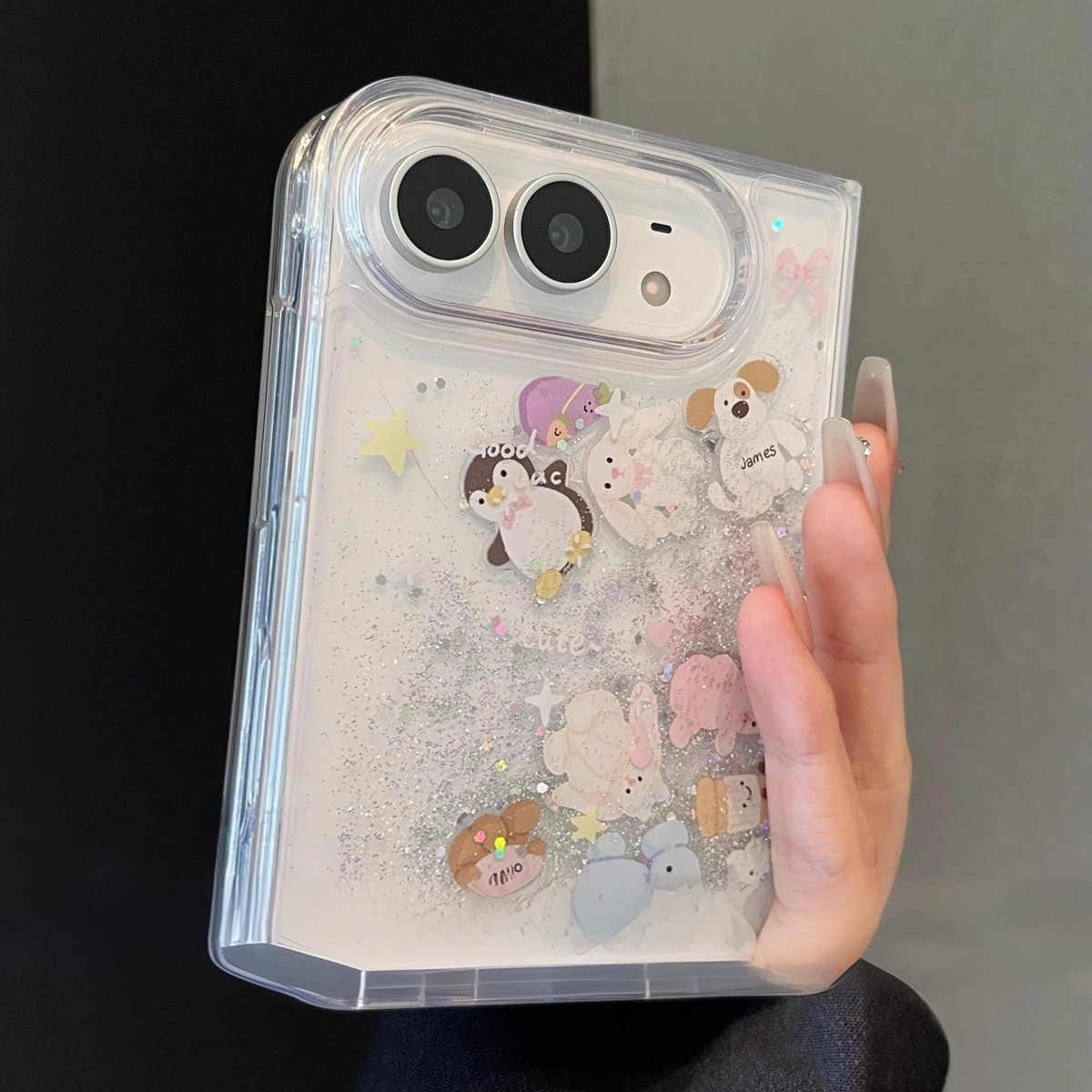 Cartoon Liquid-Glitter Figurine Case for iPhone Duo Foldable Phones