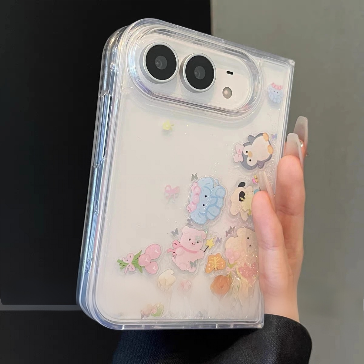 Cartoon Liquid-Glitter Figurine Case for iPhone Duo Foldable Phones