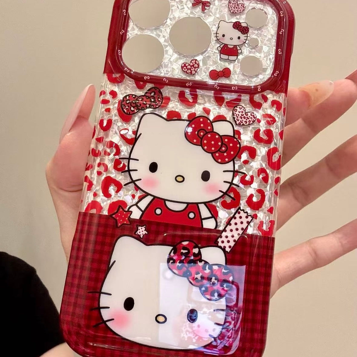 Red Plaid and Leopard Print Heart-Shaped Bow Cat Phone Case