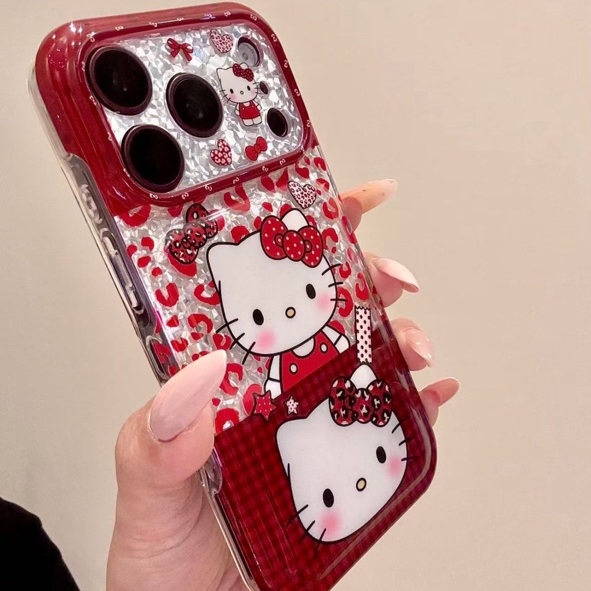 Red Plaid and Leopard Print Heart-Shaped Bow Cat Phone Case