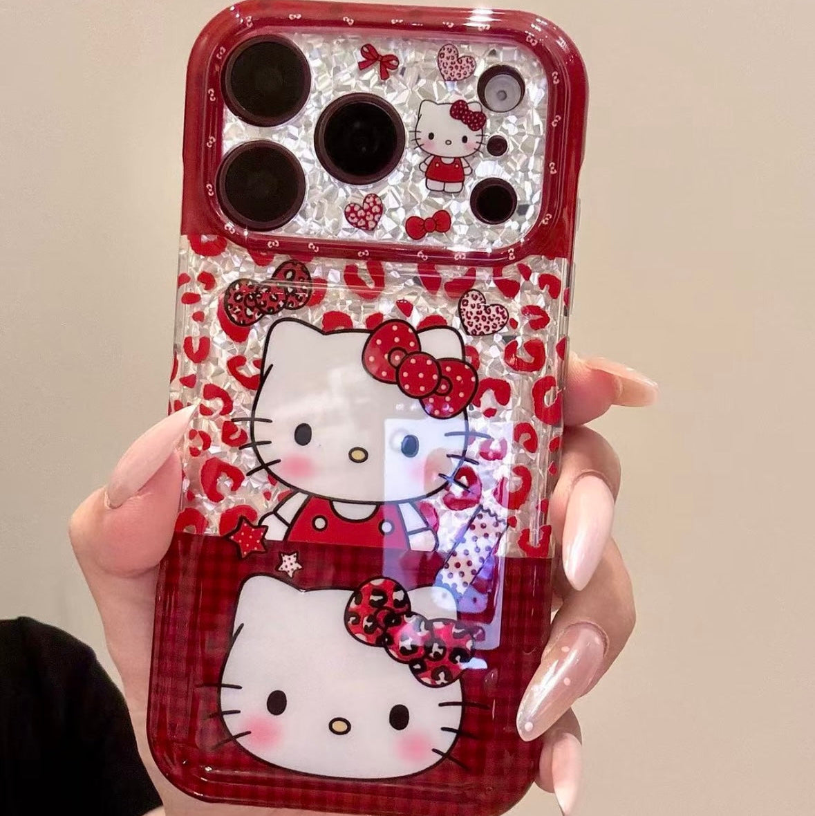 Red Plaid and Leopard Print Heart-Shaped Bow Cat Phone Case