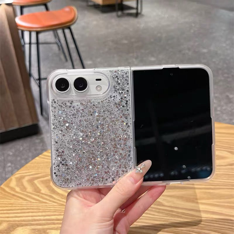 Resin-coated phone case for foldable phones, featuring silver glitter and heart-shaped accents