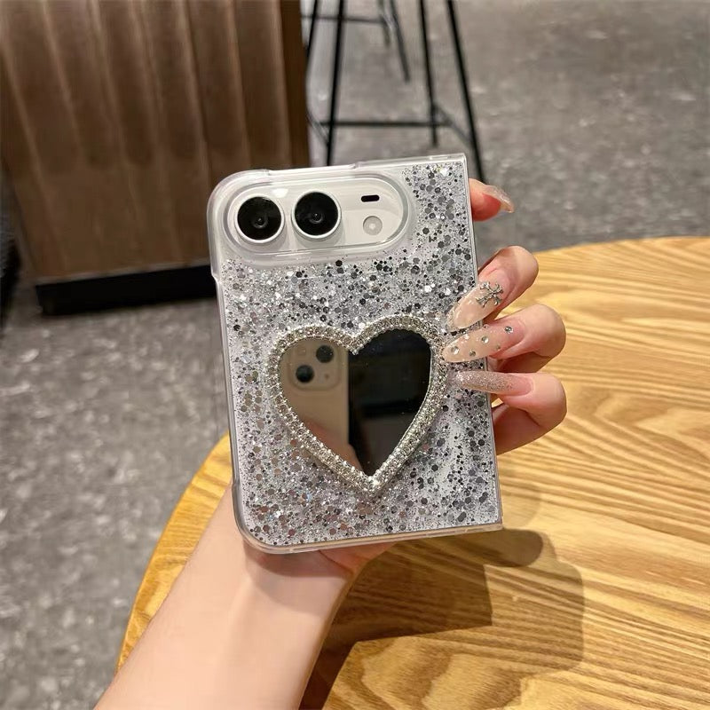 Resin-coated phone case for foldable phones, featuring silver glitter and heart-shaped accents