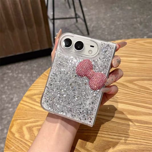 Resin-coated phone case for foldable phones, featuring silver glitter and heart-shaped accents