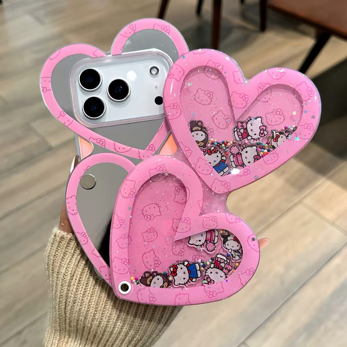 Cute Hello Kitty Heart-Shaped Makeup Mirror Phone Case