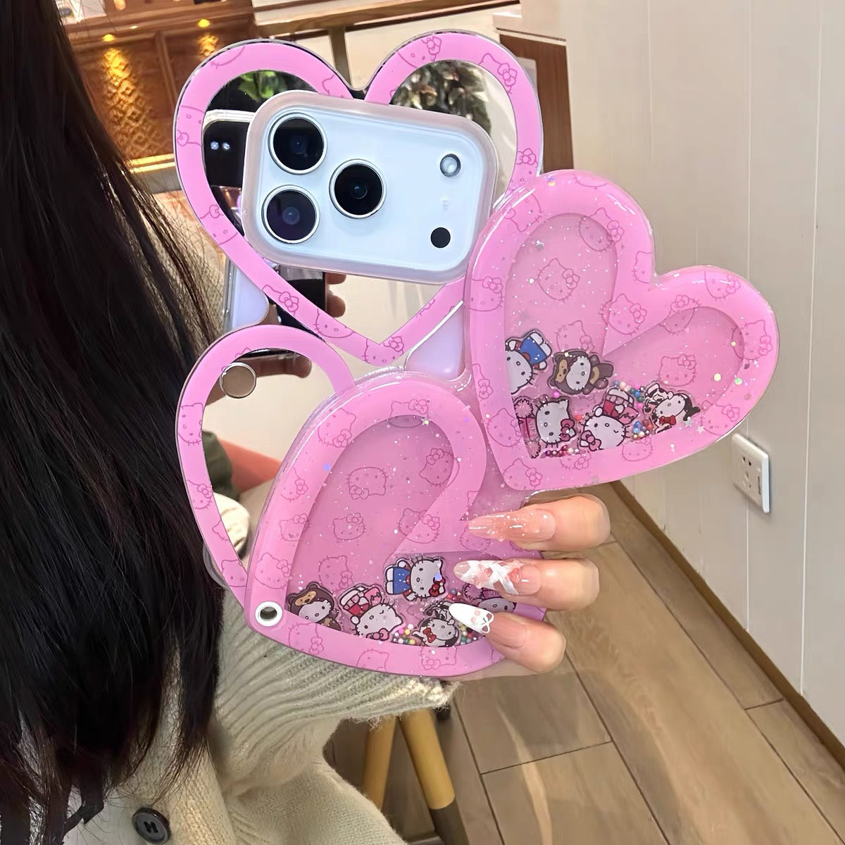 Cute Hello Kitty Heart-Shaped Makeup Mirror Phone Case