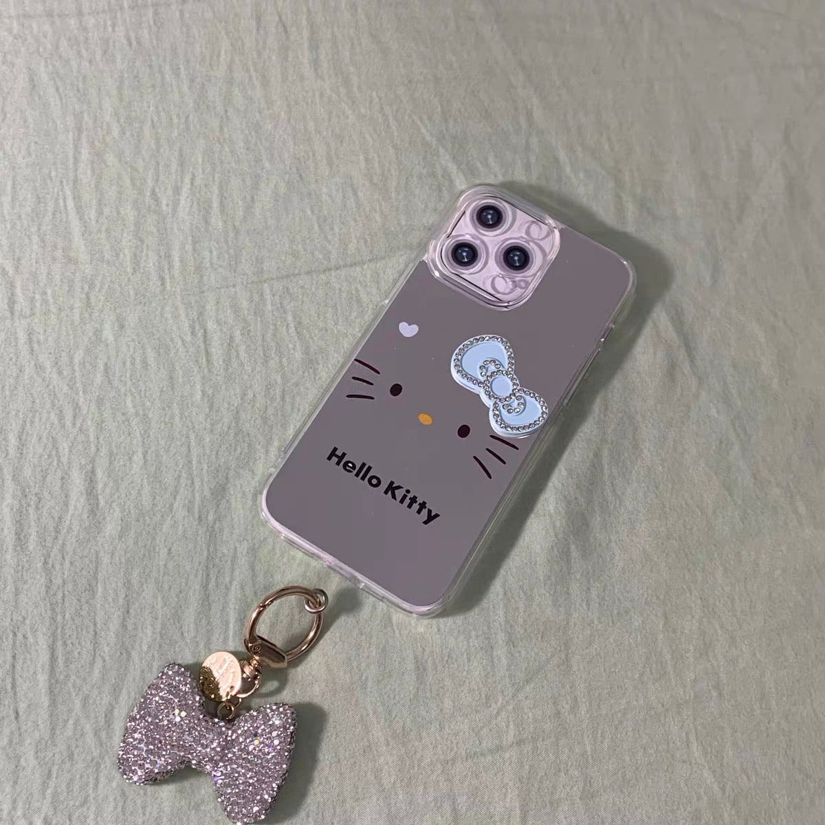 Hello Kitty Bow Sweet-Style Mirrored Rhinestone-Embellished Phone Case with Chain